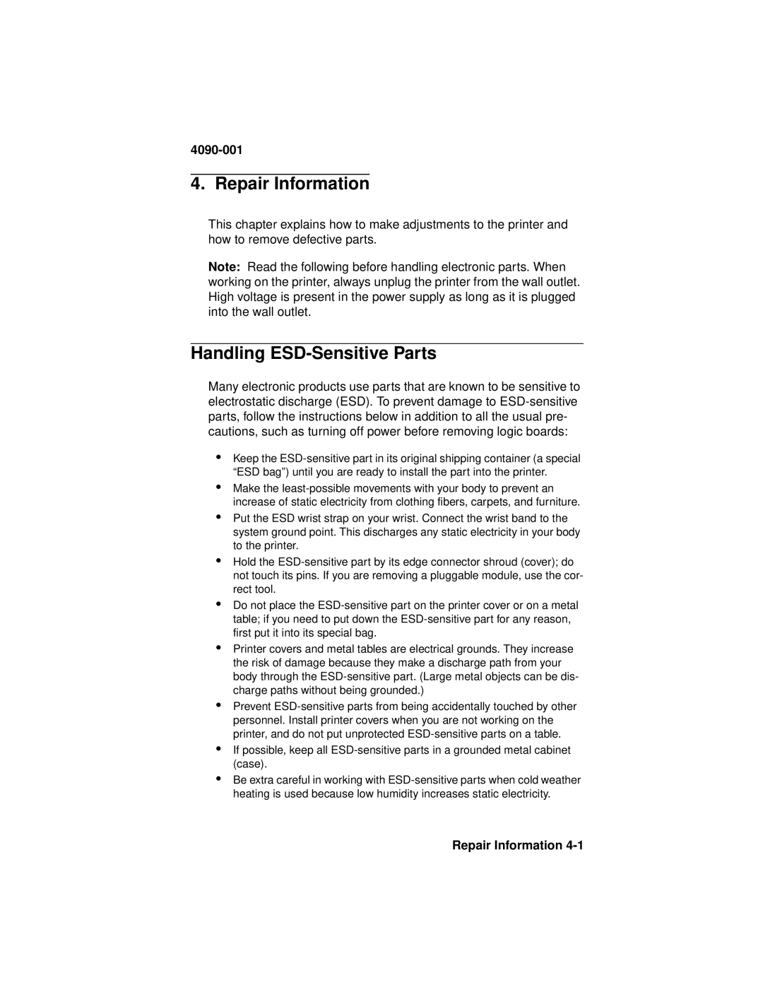 Lexmark 4090-001 manual Repair Information, Handling ESD-Sensitive Parts 