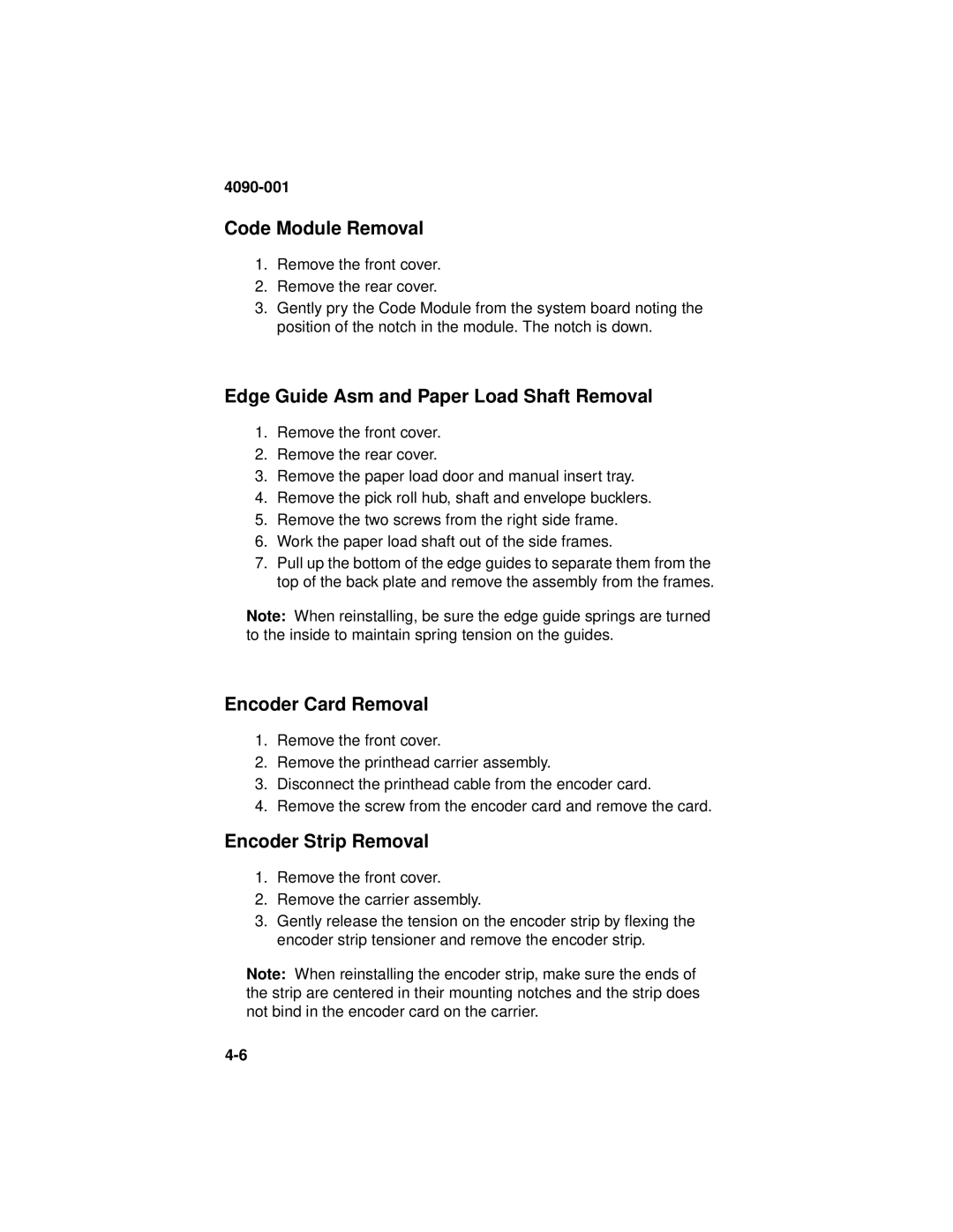 Lexmark 4090-001 manual Code Module Removal, Edge Guide Asm and Paper Load Shaft Removal, Encoder Card Removal 