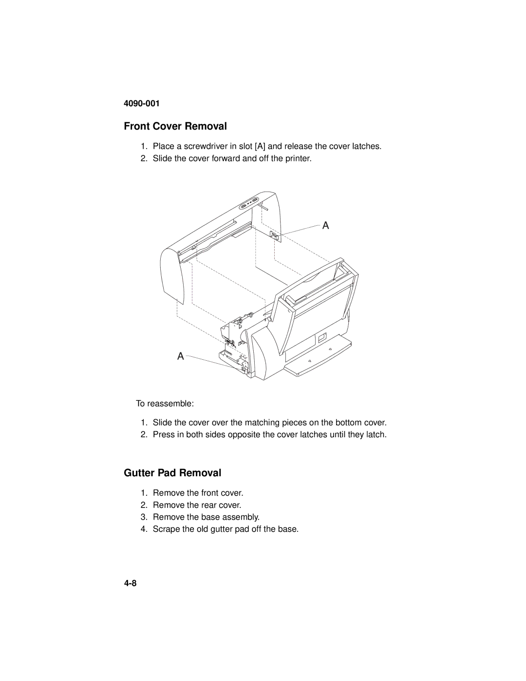 Lexmark 4090-001 manual Front Cover Removal, Gutter Pad Removal 