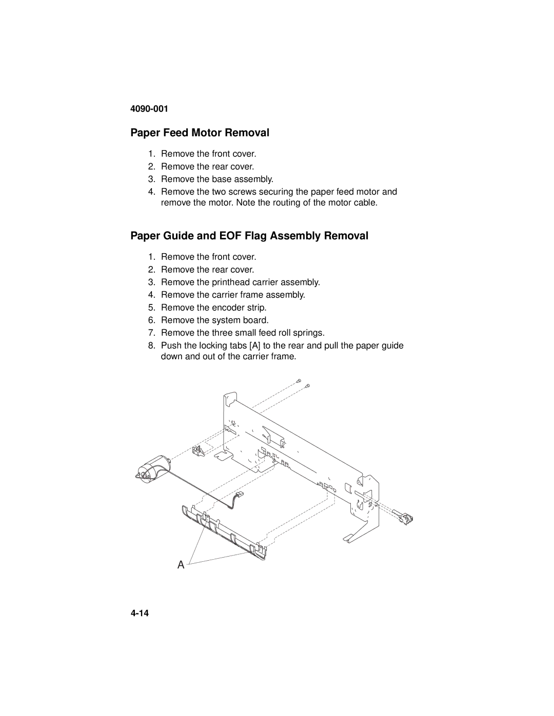 Lexmark 4090-001 manual Paper Feed Motor Removal, Paper Guide and EOF Flag Assembly Removal 