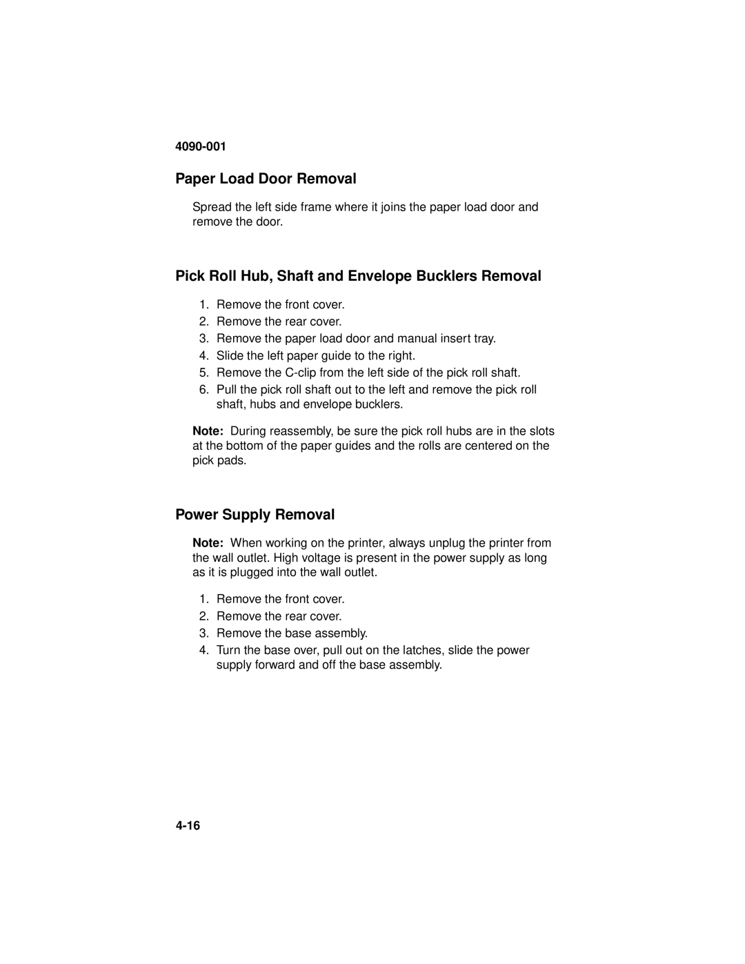 Lexmark 4090-001 manual Paper Load Door Removal, Pick Roll Hub, Shaft and Envelope Bucklers Removal, Power Supply Removal 