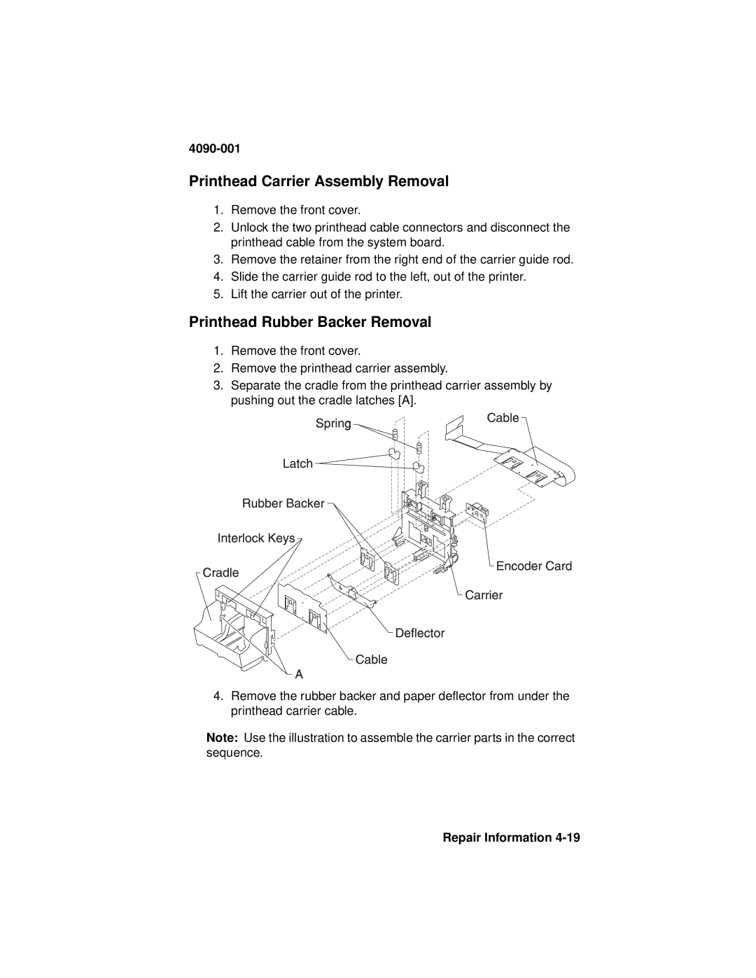 Lexmark 4090-001 manual Printhead Carrier Assembly Removal, Printhead Rubber Backer Removal 