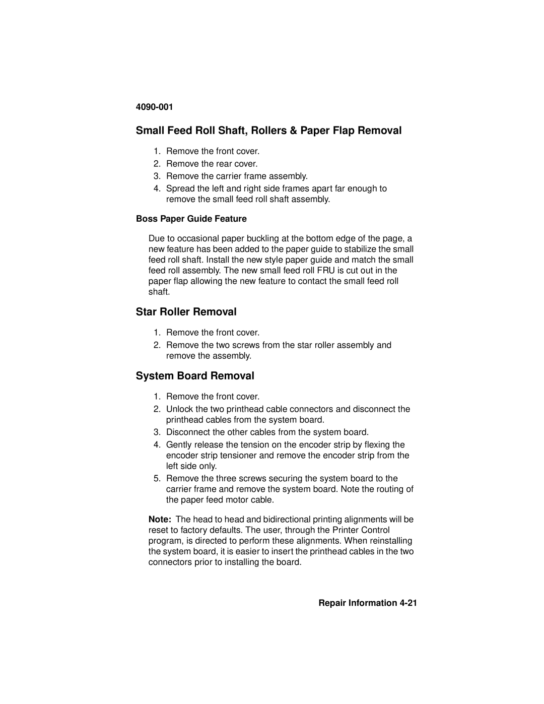 Lexmark 4090-001 manual Small Feed Roll Shaft, Rollers & Paper Flap Removal, Star Roller Removal, System Board Removal 