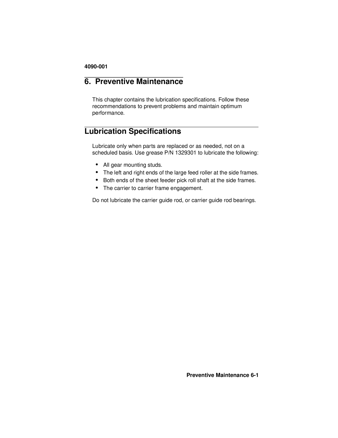 Lexmark 4090-001 manual Preventive Maintenance, Lubrication Specifications 