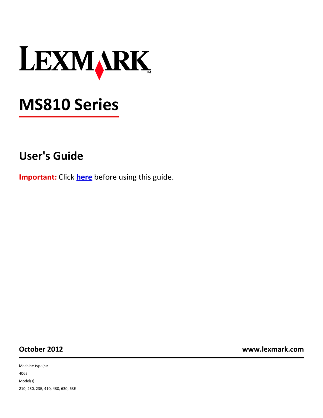 Lexmark 40G0110, 40G0350, 40G0150, 40G0440, 40G0410, 40G0210, MS810DE, MS811DTN, MS811DN, MS810DN manual MS810 Series, October 