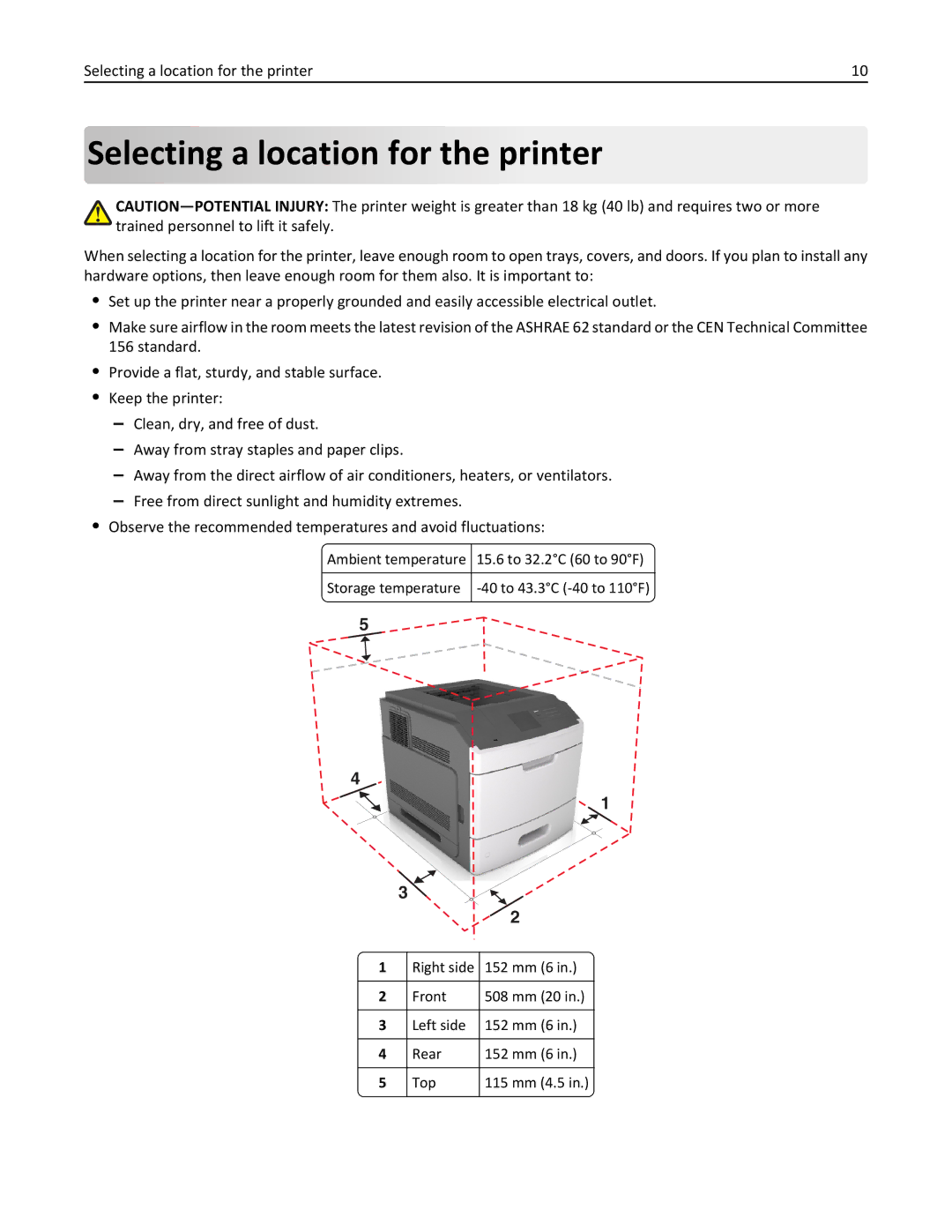 Lexmark 40G0350, 40G0110, 40G0150, 40G0440, 40G0410, 40G0210, MS810DE, MS811DTN, MS811DN Selecting a location for the printer 