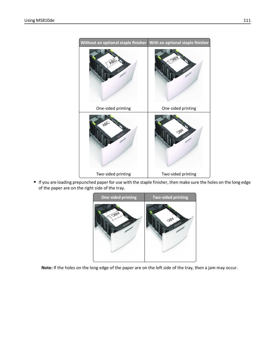 Lexmark MS811DTN, 40G0350, 40G0110, 40G0150, 40G0440, 40G0410 manual Using MS810de 111, One ‑sided printing Two ‑sided printing 