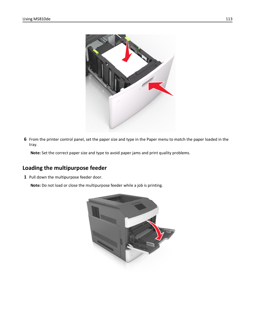 Lexmark MS810DN, 40G0350, 40G0110, 40G0150, 40G0440, 40G0410, 40G0210, MS810DE, MS811DTN, MS811DN Loading the multipurpose feeder 