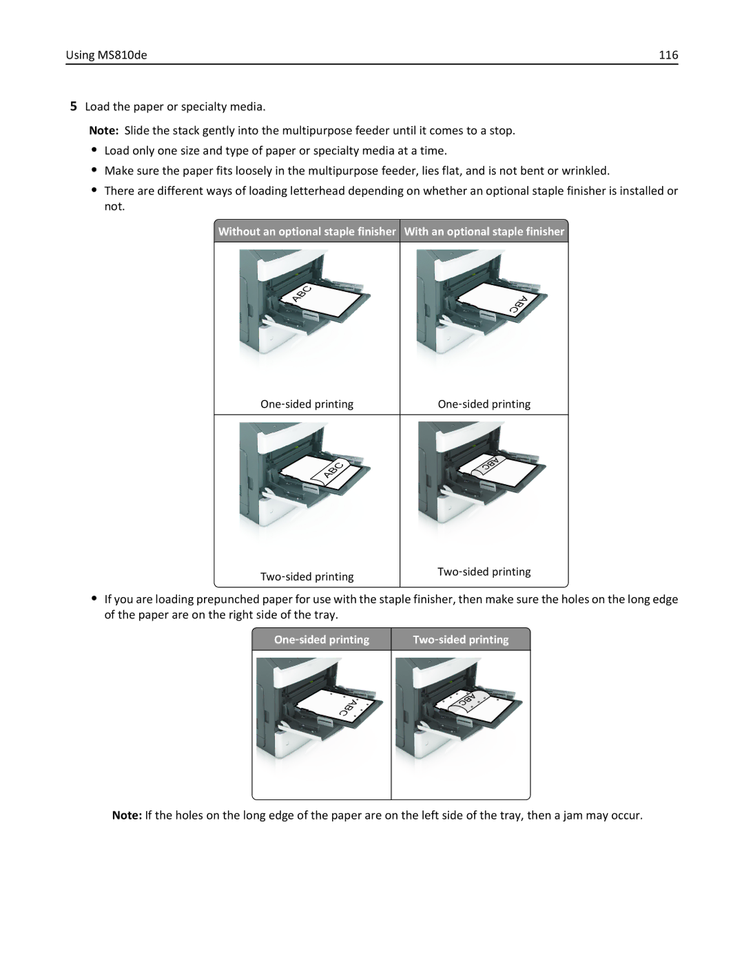 Lexmark MS810DTN, 40G0350, 40G0110, 40G0150, 40G0440, 40G0410, 40G0210, MS810DE, MS811DTN One ‑sided printing Two ‑sided printing 