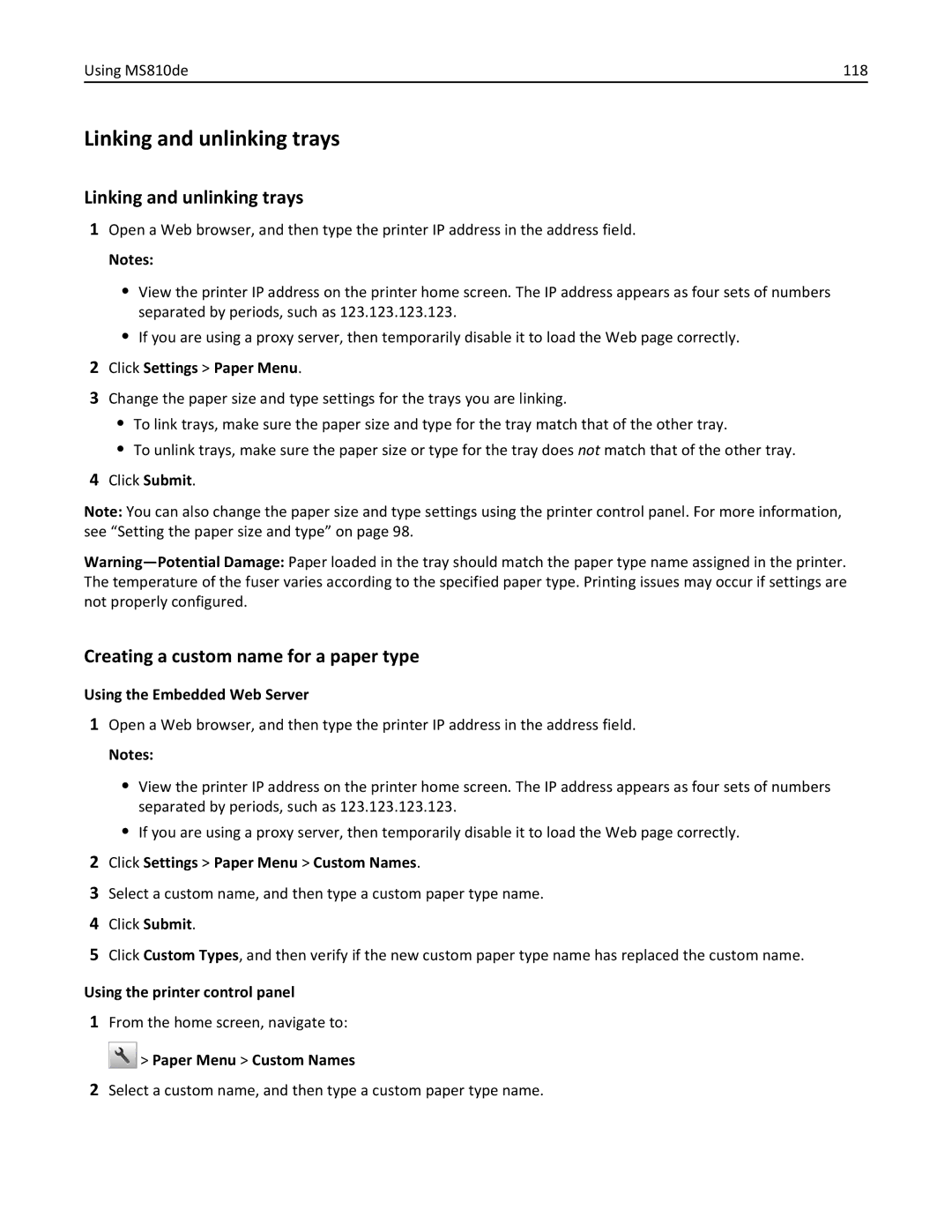 Lexmark 40G0110, 40G0350, 40G0150, 40G0440, 40G0410, 40G0210, MS810DE, MS811DTN manual Using MS810de 118, Paper Menu Custom Names 