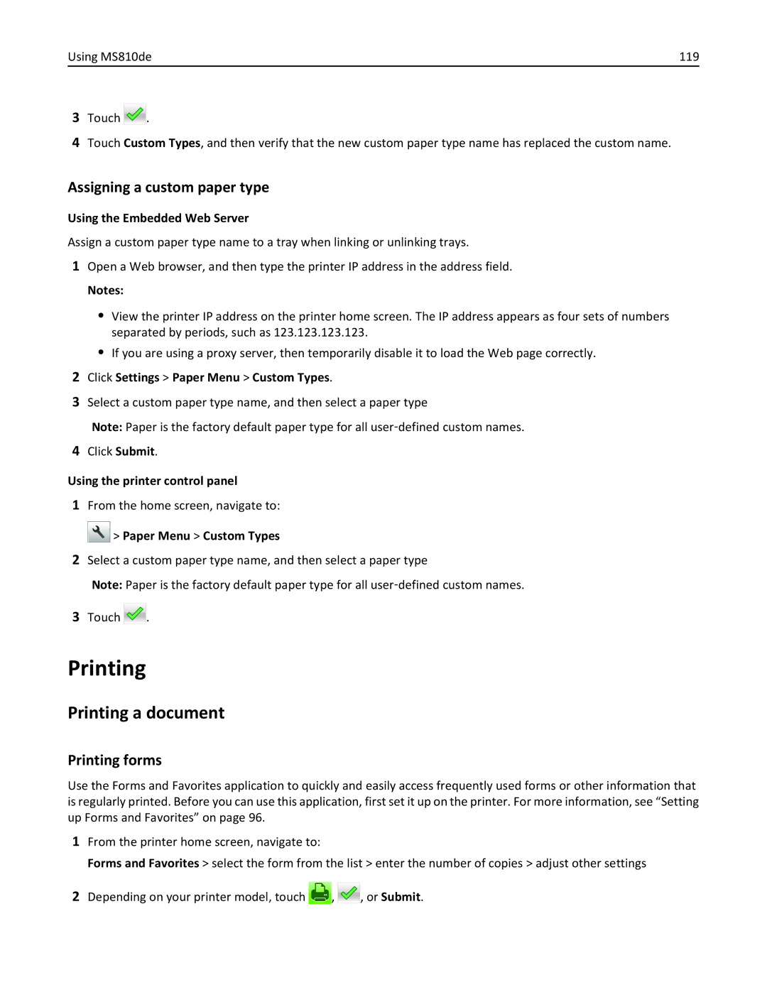 Lexmark 40G0150, 40G0350, 40G0110, 40G0440, 40G0410, 40G0210, MS810DE, MS811DTN, MS811DN Printing forms, Paper Menu Custom Types 