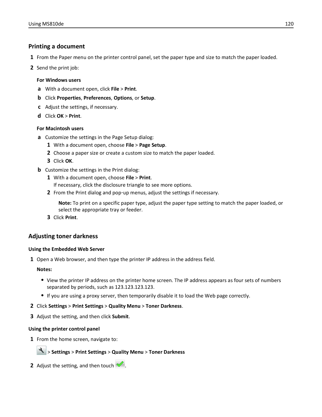 Lexmark 40G0440, 40G0350 Using MS810de 120, Adjust the setting, and then click Submit, Adjust the setting, and then touch 