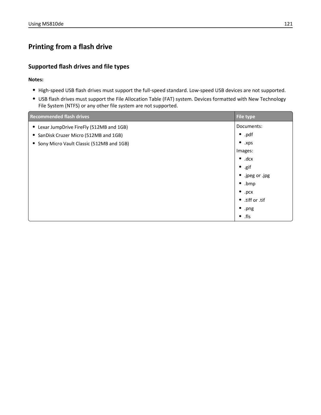 Lexmark 40G0410, 40G0350, 40G0110, 40G0150, 40G0440, 40G0210, MS810DE, MS811DTN Printing from a flash drive, Using MS810de 121 