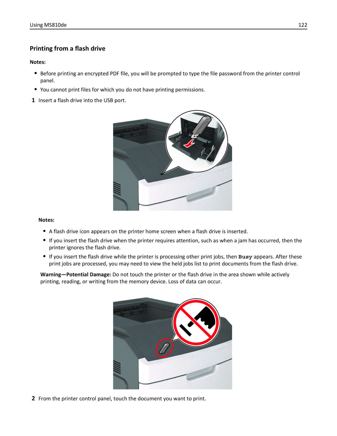 Lexmark 40G0210, 40G0350, 40G0110, 40G0150, 40G0440, 40G0410, MS810DE, MS811DTN Printing from a flash drive, Using MS810de 122 