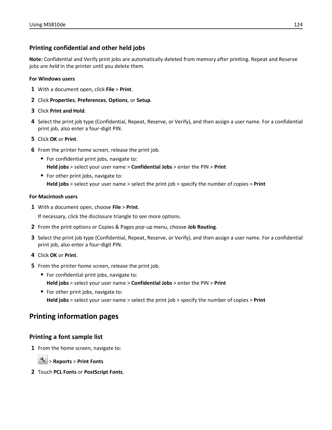 Lexmark MS811DTN, 40G0350, 40G0110, 40G0150 manual Using MS810de 124, Reports Print Fonts Touch PCL Fonts or PostScript Fonts 