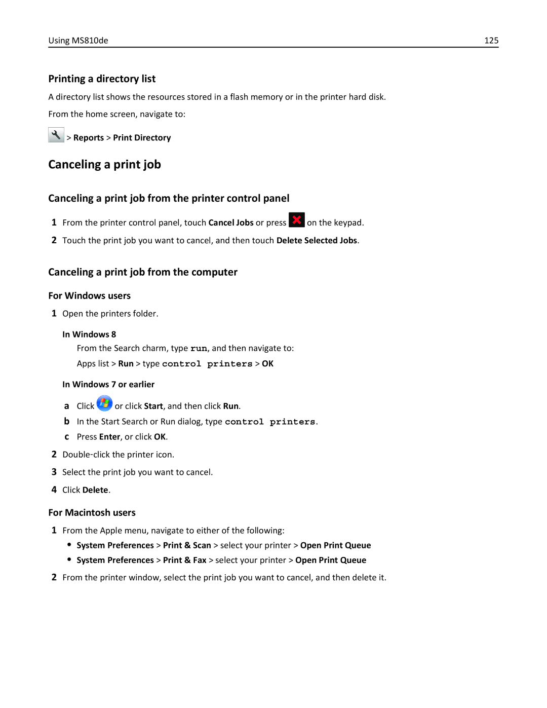 Lexmark MS811DN, 40G0350, 40G0110, 40G0150, 40G0440, 40G0410, 40G0210, MS810DE manual Using MS810de 125, Reports Print Directory 