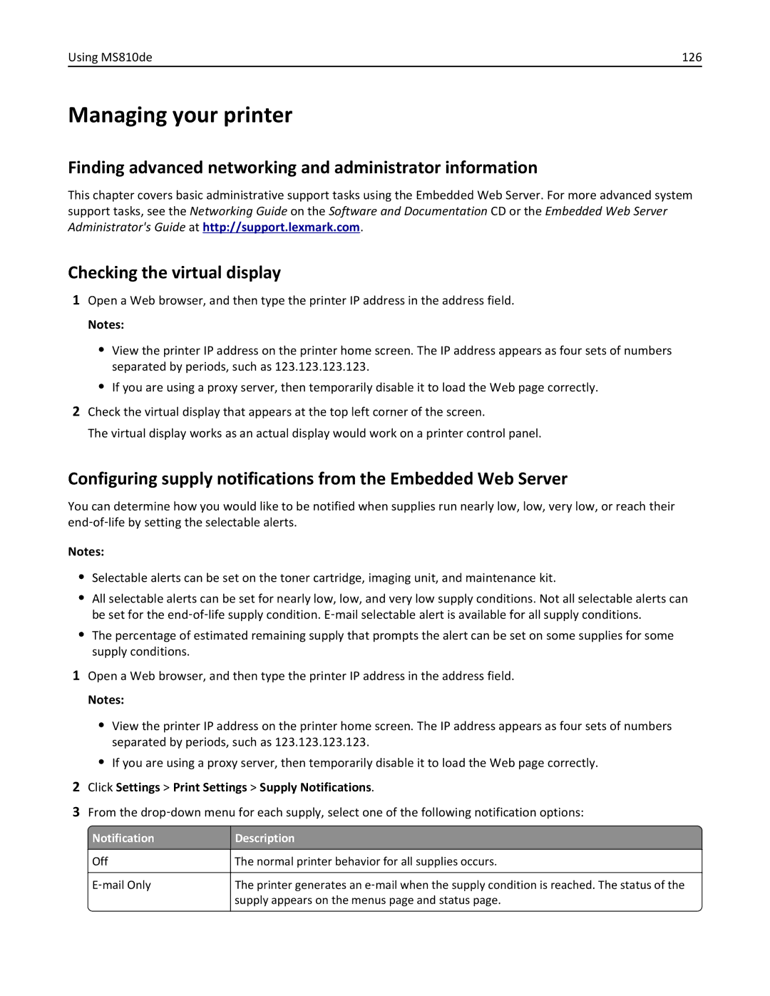 Lexmark MS810DN, 40G0350, 40G0110, 40G0150, 40G0440, 40G0410, 40G0210, MS810DE, MS811DTN Managing your printer, Using MS810de 126 