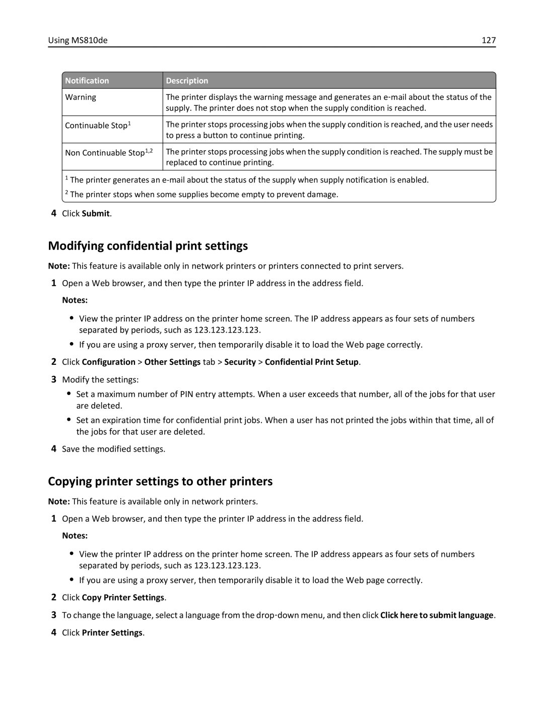 Lexmark 40G0350, 40G0110, 40G0150, 40G0440, 40G0410, 40G0210, MS810DE, MS811DTN, MS811DN manual Using MS810de 127, Click Submit 