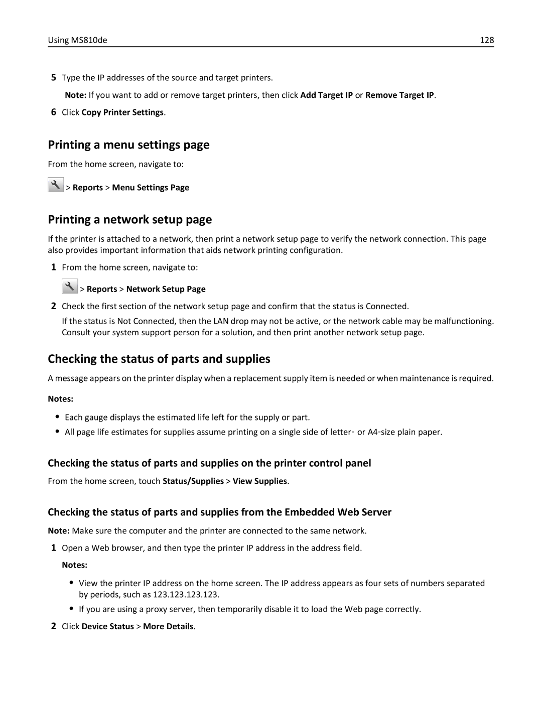 Lexmark MS812DE Reports Menu Settings, Reports Network Setup, From the home screen, touch Status/Supplies View Supplies 