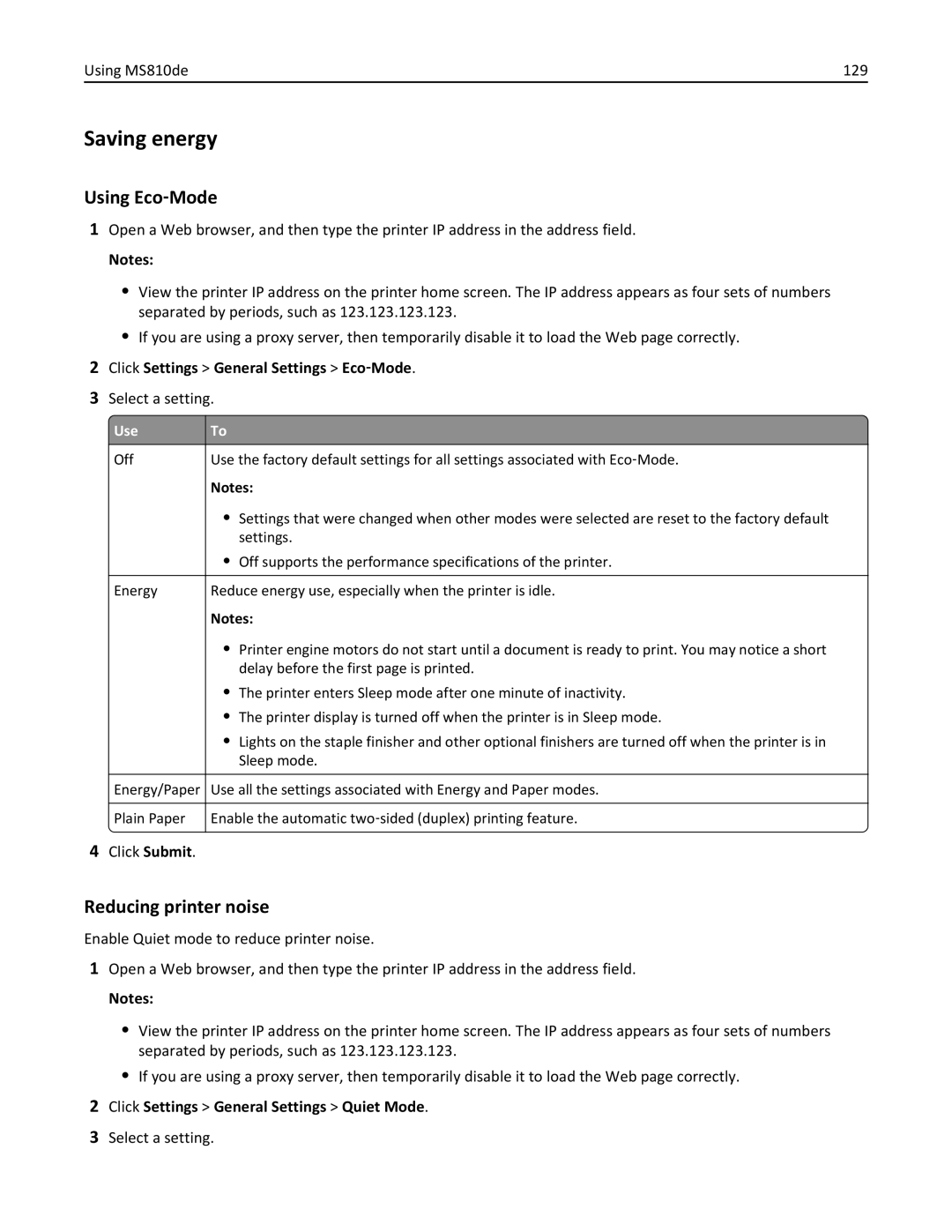 Lexmark MS810DTN, 40G0350, 40G0110, 40G0150, 40G0440, 40G0410 Using MS810de 129, Click Settings General Settings Quiet Mode 