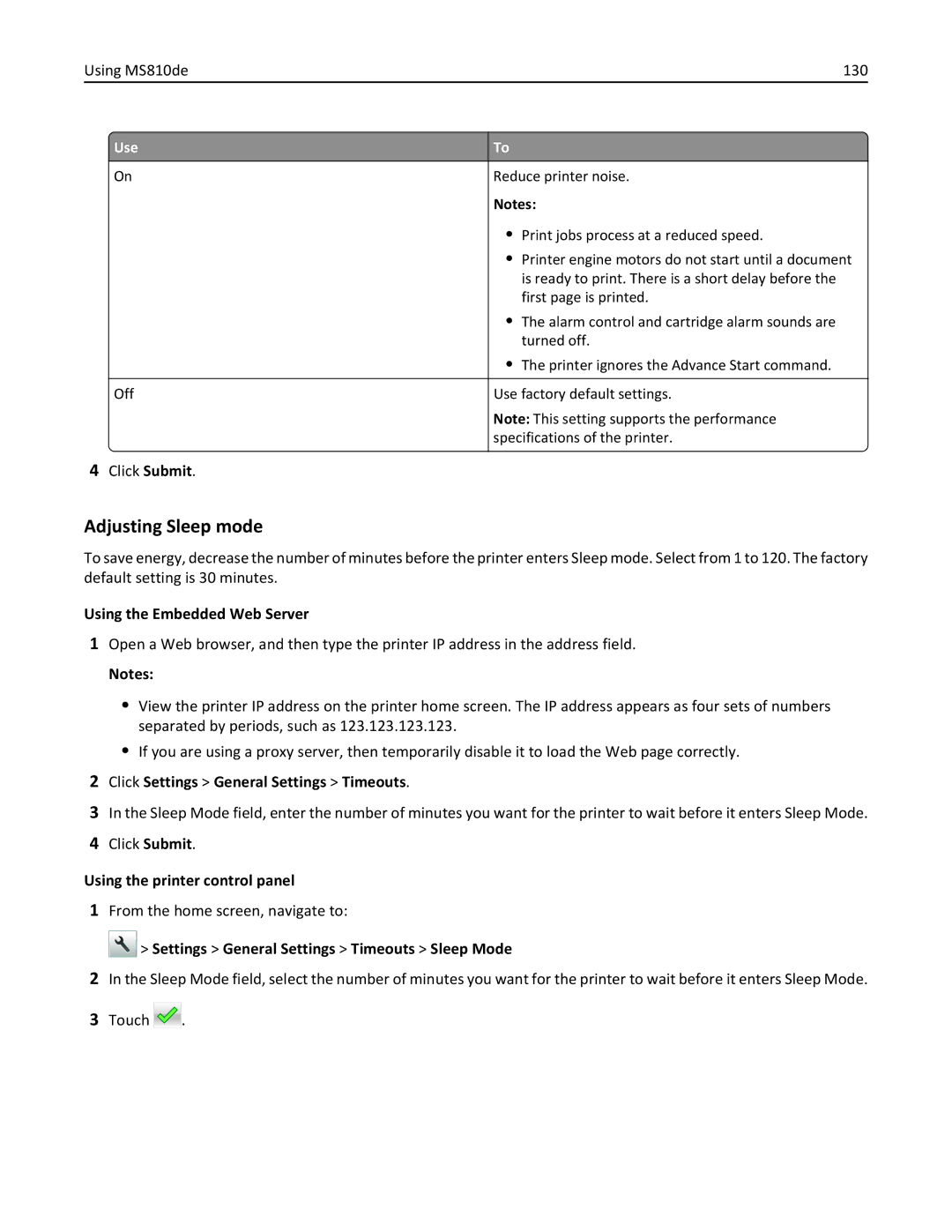 Lexmark 40G0350 Using MS810de 130, Click Settings General Settings Timeouts, Settings General Settings Timeouts Sleep Mode 