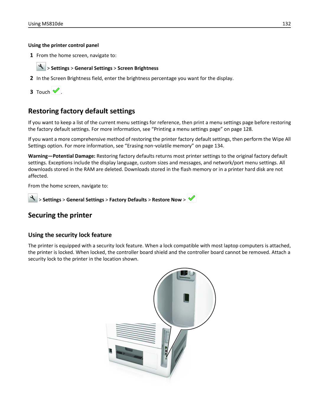 Lexmark 40G0150, 40G0350, 40G0110, 40G0440, 40G0410, 40G0210 Using MS810de 132, Settings General Settings Screen Brightness 