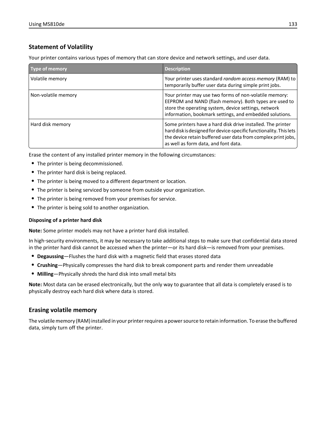 Lexmark 40G0440, 40G0350, 40G0110, 40G0150, 40G0410, 40G0210, MS810DE, MS811DTN manual Statement of Volatility, Using MS810de 133 