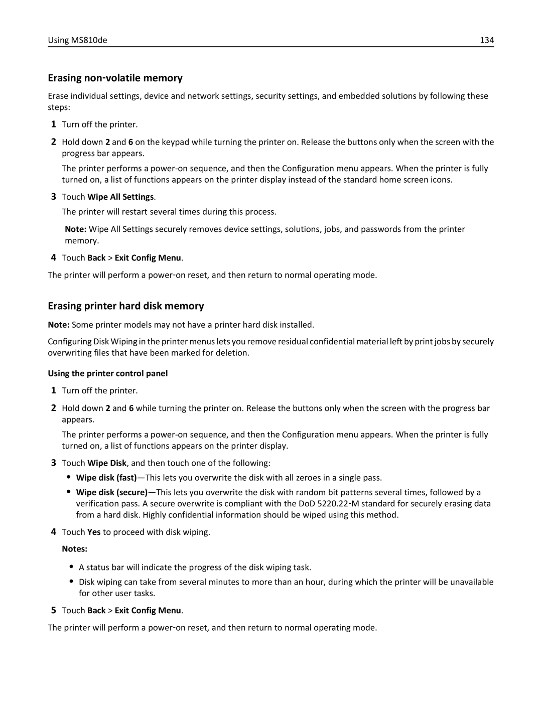 Lexmark 40G0410 manual Using MS810de 134, Touch Wipe All Settings, Printer will restart several times during this process 