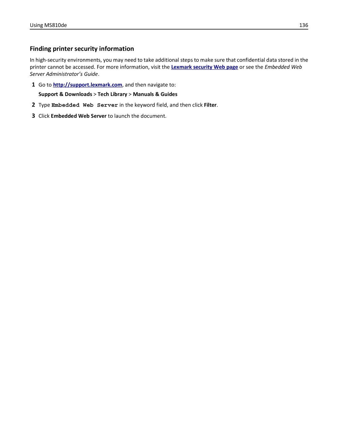 Lexmark MS810DE, 40G0350, 40G0110, 40G0150, 40G0440, 40G0410, 40G0210 Finding printer security information, Using MS810de 136 