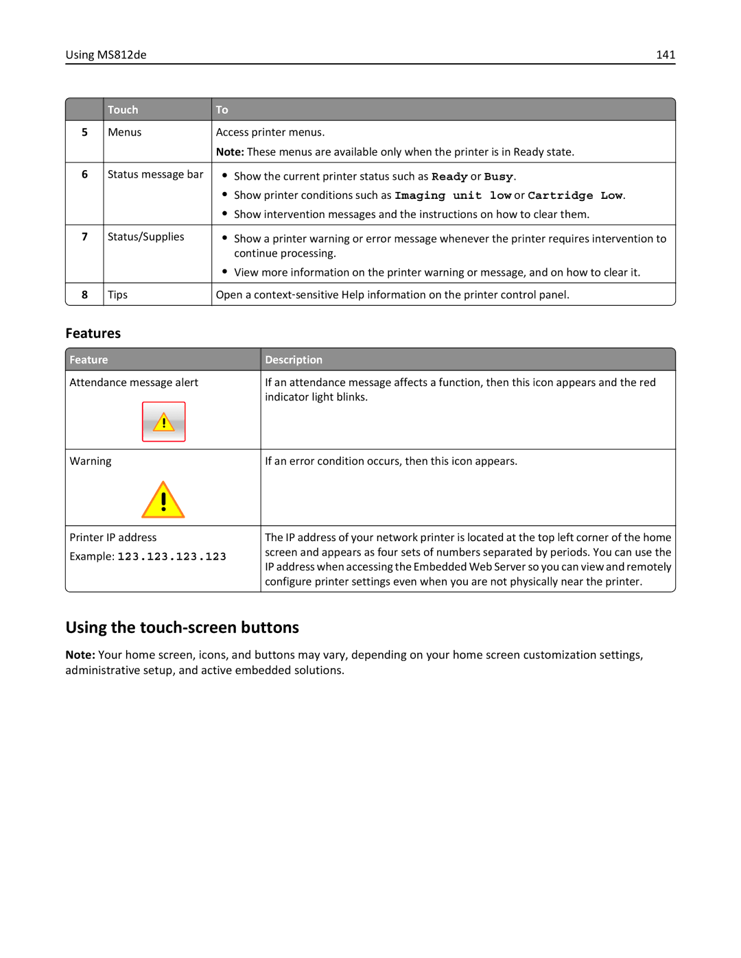 Lexmark MS812DE, 40G0350, 40G0110, 40G0150, 40G0440, 40G0410, 40G0210, MS810DE, MS811DTN, MS811DN manual Features, Using MS812de 141 