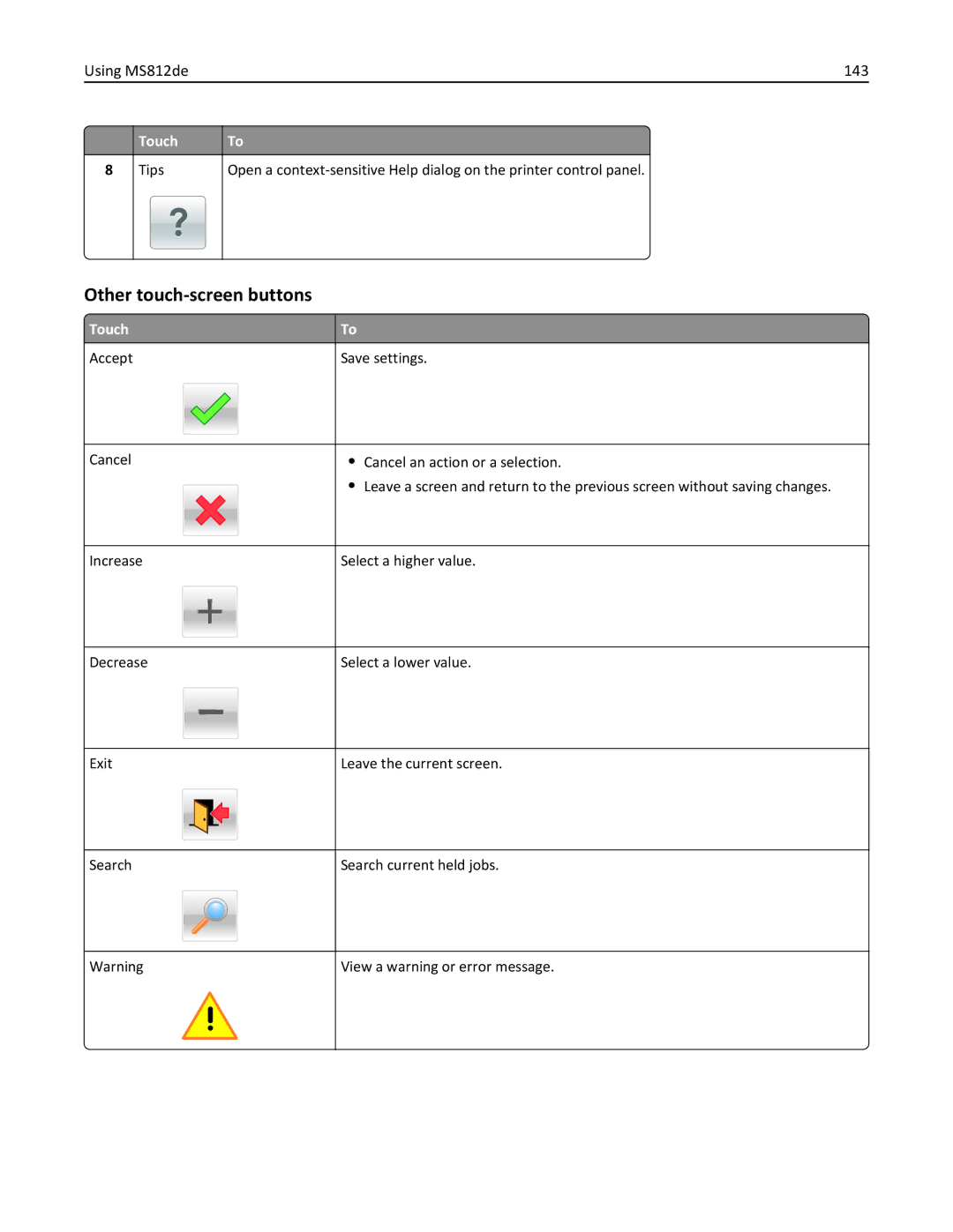 Lexmark 40G0350, 40G0110, 40G0150, 40G0440, 40G0410, 40G0210, MS810DE, MS811DTN Other touch-screen buttons, Using MS812de 143 