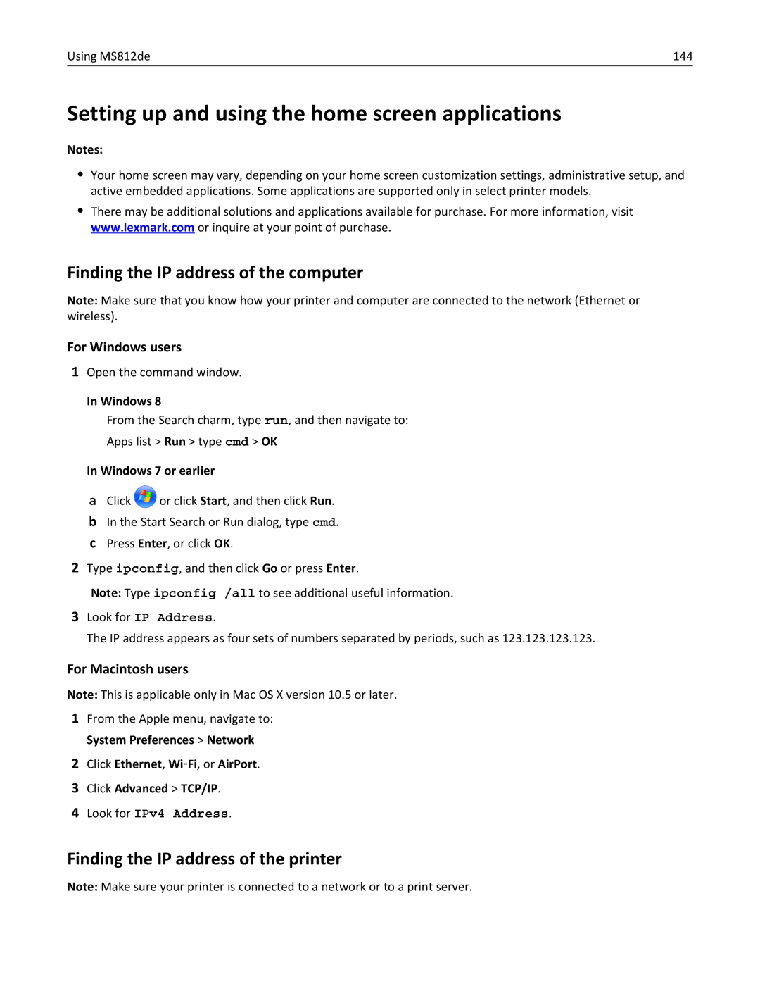 Lexmark 40G0110, 40G0350, 40G0150, 40G0440, 40G0410 manual Setting up and using the home screen applications, Using MS812de 144 