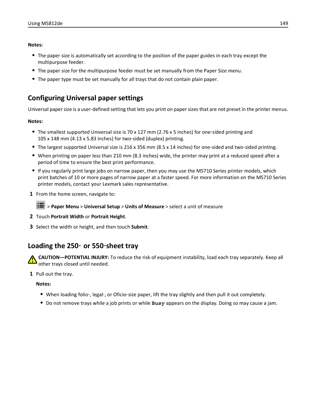 Lexmark MS810DE, 40G0350, 40G0110 Configuring Universal paper settings, Select the width or height, and then touch Submit 