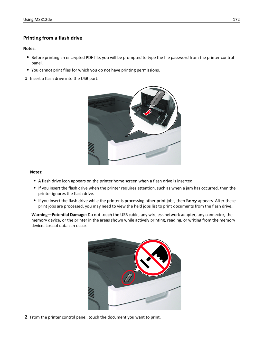 Lexmark 40G0440, 40G0350, 40G0110, 40G0150, 40G0410, 40G0210, MS810DE, MS811DTN Printing from a flash drive, Using MS812de 172 