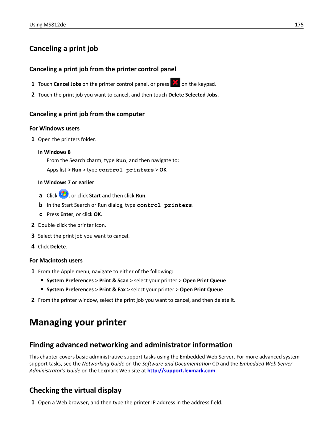 Lexmark MS810DE, 40G0350, 40G0110, 40G0150, 40G0440, 40G0410, 40G0210, MS811DTN, MS811DN Canceling a print job, Using MS812de 175 