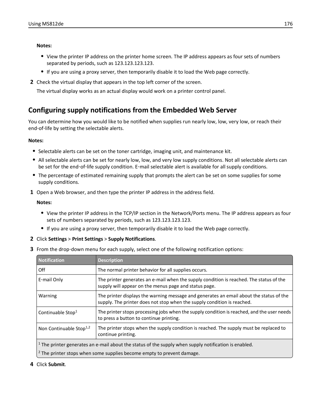 Lexmark MS811DTN, 40G0350, 40G0110, 40G0150, 40G0440, 40G0410, 40G0210, MS810 Click Settings Print Settings Supply Notifications 