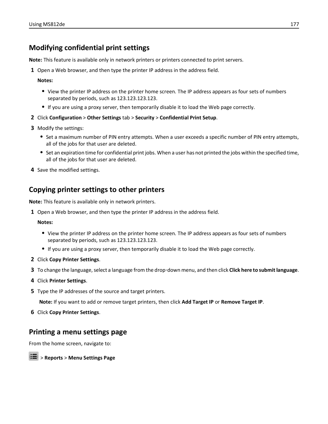 Lexmark MS811DN, 40G0350, 40G0110, 40G0150, 40G0440, 40G0410, 40G0210 Modifying confidential print settings, Using MS812de 177 