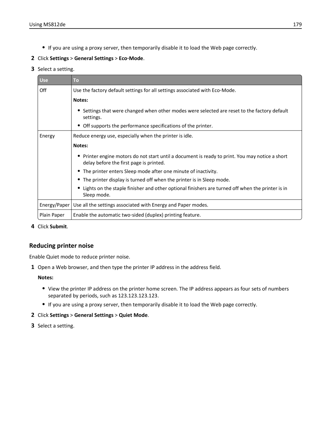 Lexmark 40G0350, 40G0110, 40G0150, 40G0440, 40G0410, 40G0210, MS810DE, MS811DTN, MS811DN, MS810DN manual Reducing printer noise 