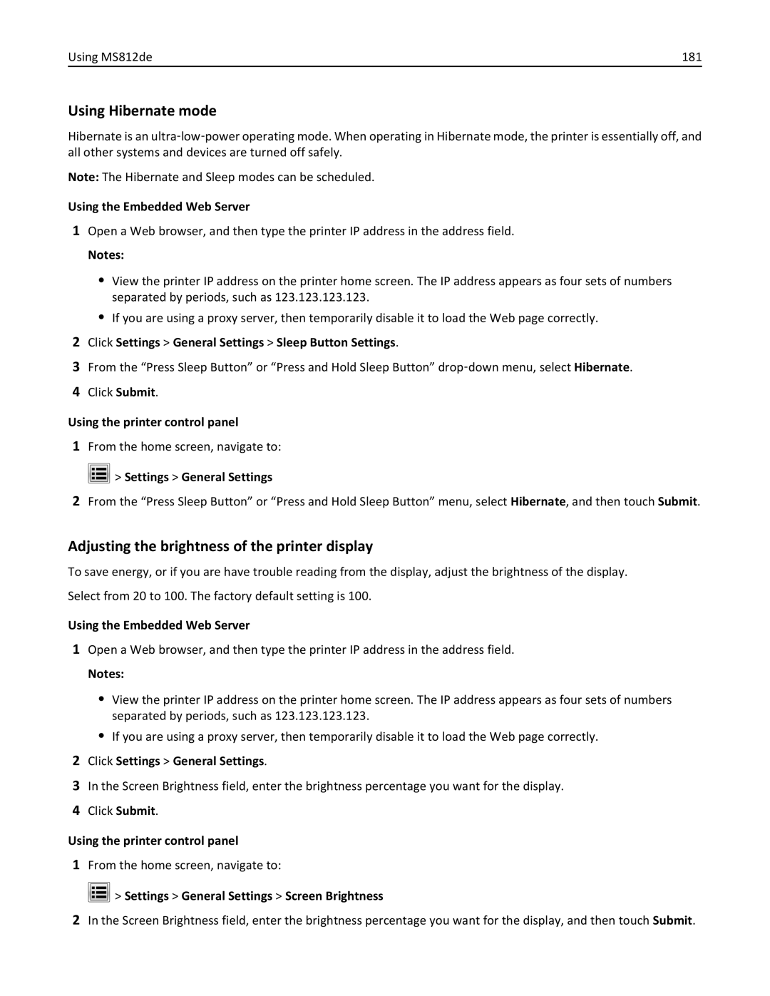 Lexmark MS810DTN, 40G0350, 40G0110, 40G0150, 40G0440, 40G0410, 40G0210, MS810DE Using MS812de 181, Settings General Settings 