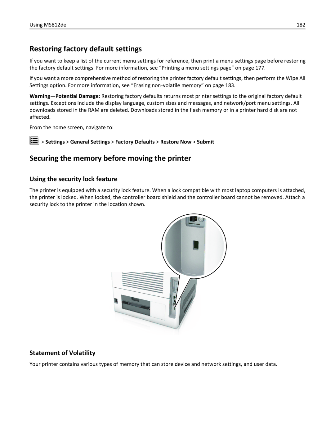 Lexmark 40G0350, 40G0110, 40G0150, 40G0440, 40G0410, 40G0210 Securing the memory before moving the printer, Using MS812de 182 