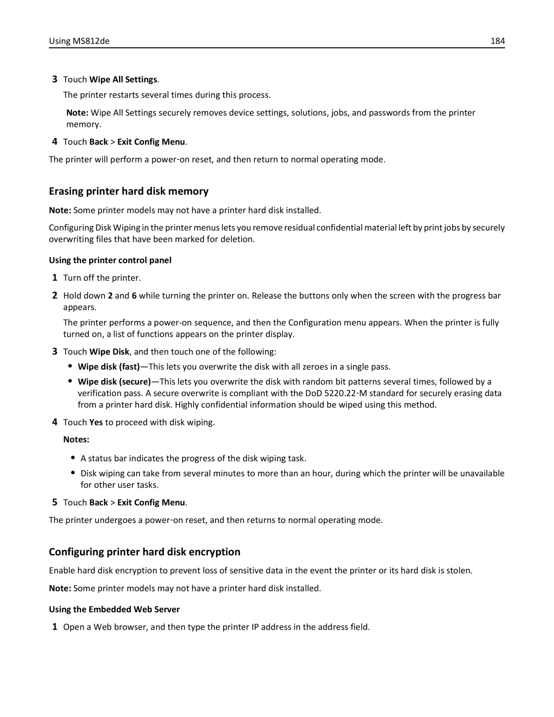 Lexmark 40G0150, 40G0350, 40G0110, 40G0440, 40G0410 Using MS812de 184, Printer restarts several times during this process 