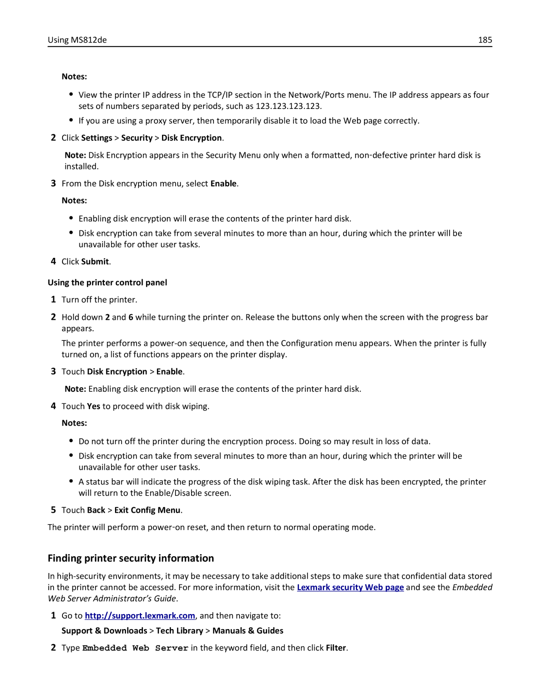 Lexmark 40G0440, 40G0350, 40G0110, 40G0150, 40G0410, 40G0210, MS810DE, MS811DTN, MS811DN Finding printer security information 