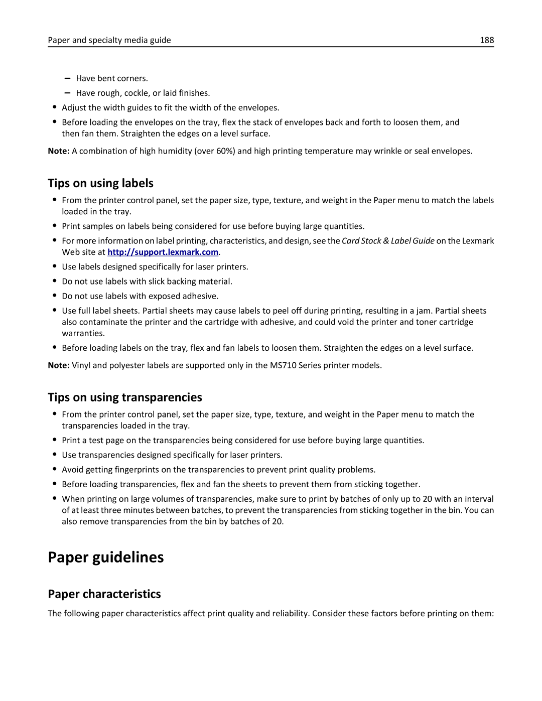 Lexmark MS810DE, 40G0350 manual Paper guidelines, Tips on using labels, Tips on using transparencies, Paper characteristics 