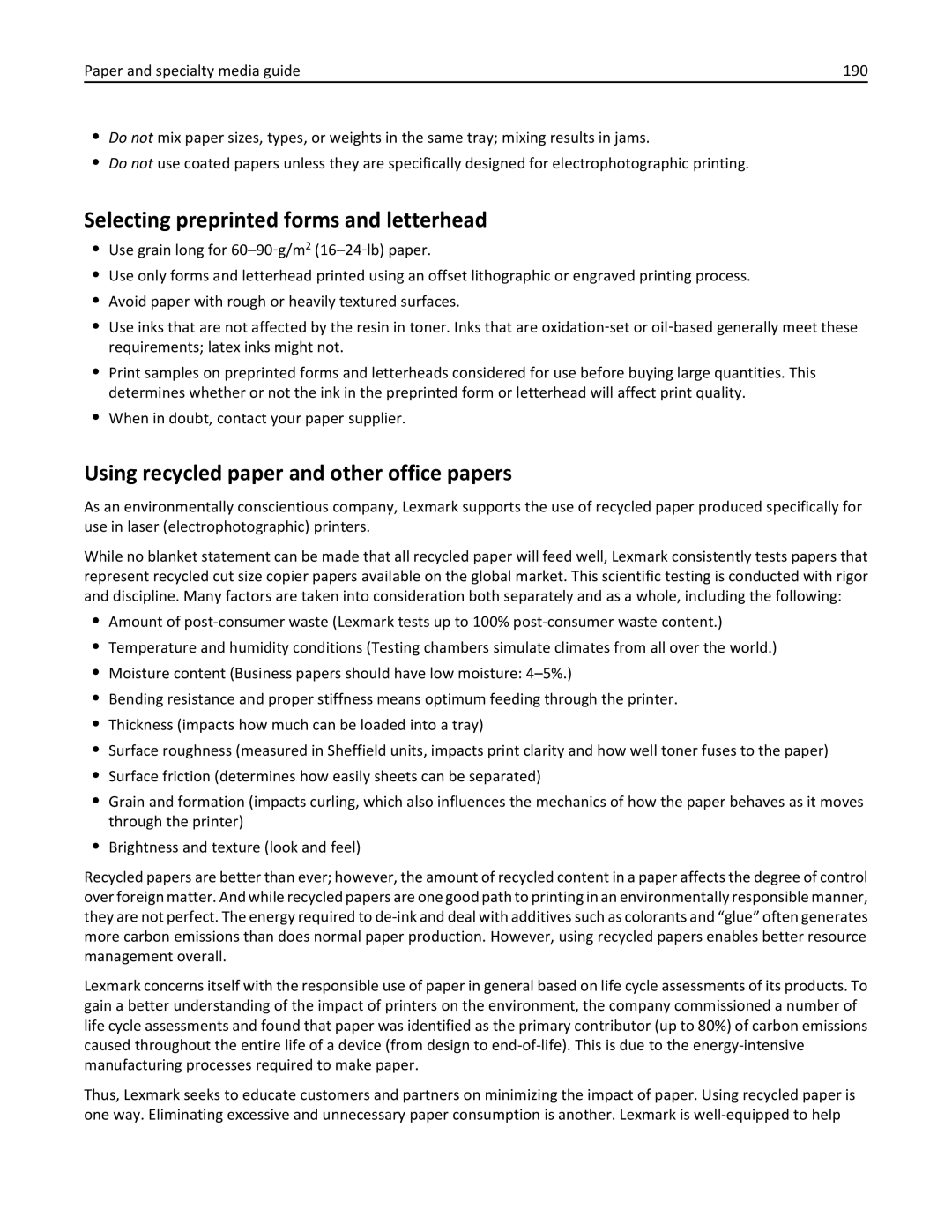 Lexmark MS811DN, 40G0350, 40G0110 Selecting preprinted forms and letterhead, Using recycled paper and other office papers 