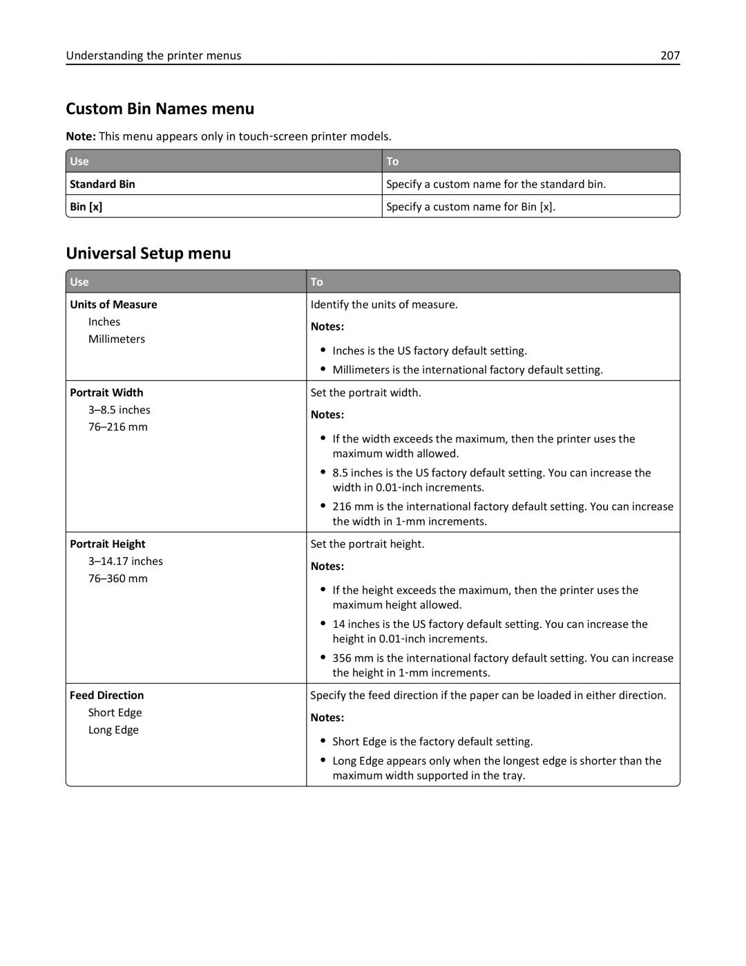 Lexmark MS810DTN, 40G0350, 40G0110, 40G0150 Custom Bin Names menu, Universal Setup menu, Understanding the printer menus 207 