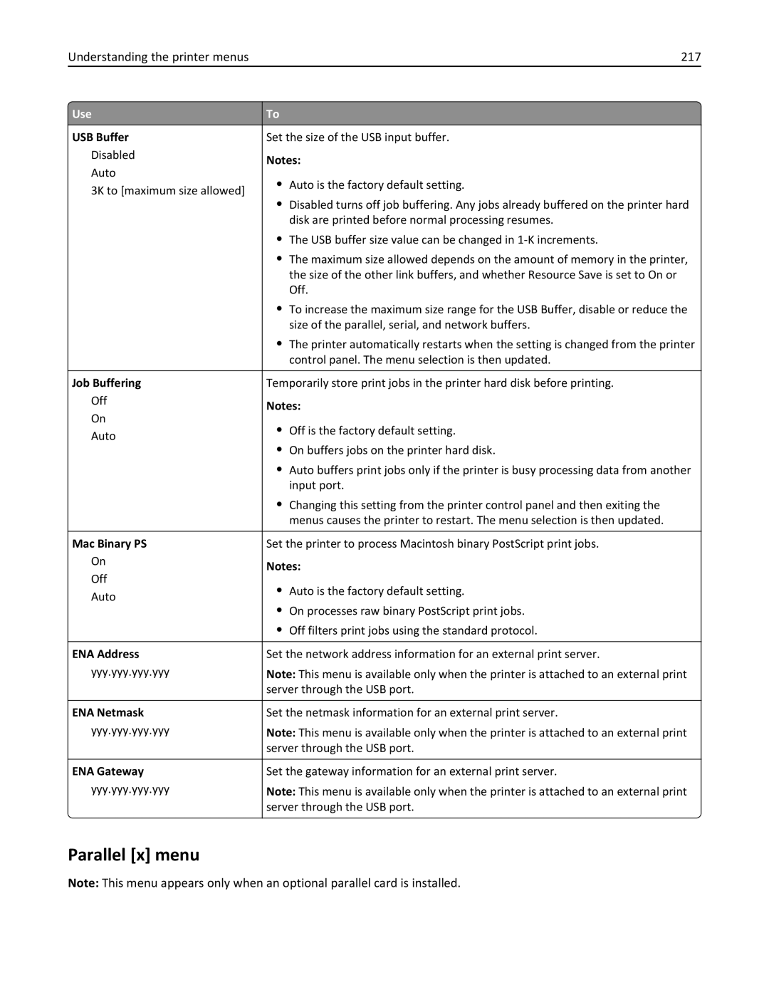 Lexmark MS810DN, 40G0350, 40G0110, 40G0150, 40G0440, 40G0410, 40G0210 manual Parallel x menu, Understanding the printer menus 217 