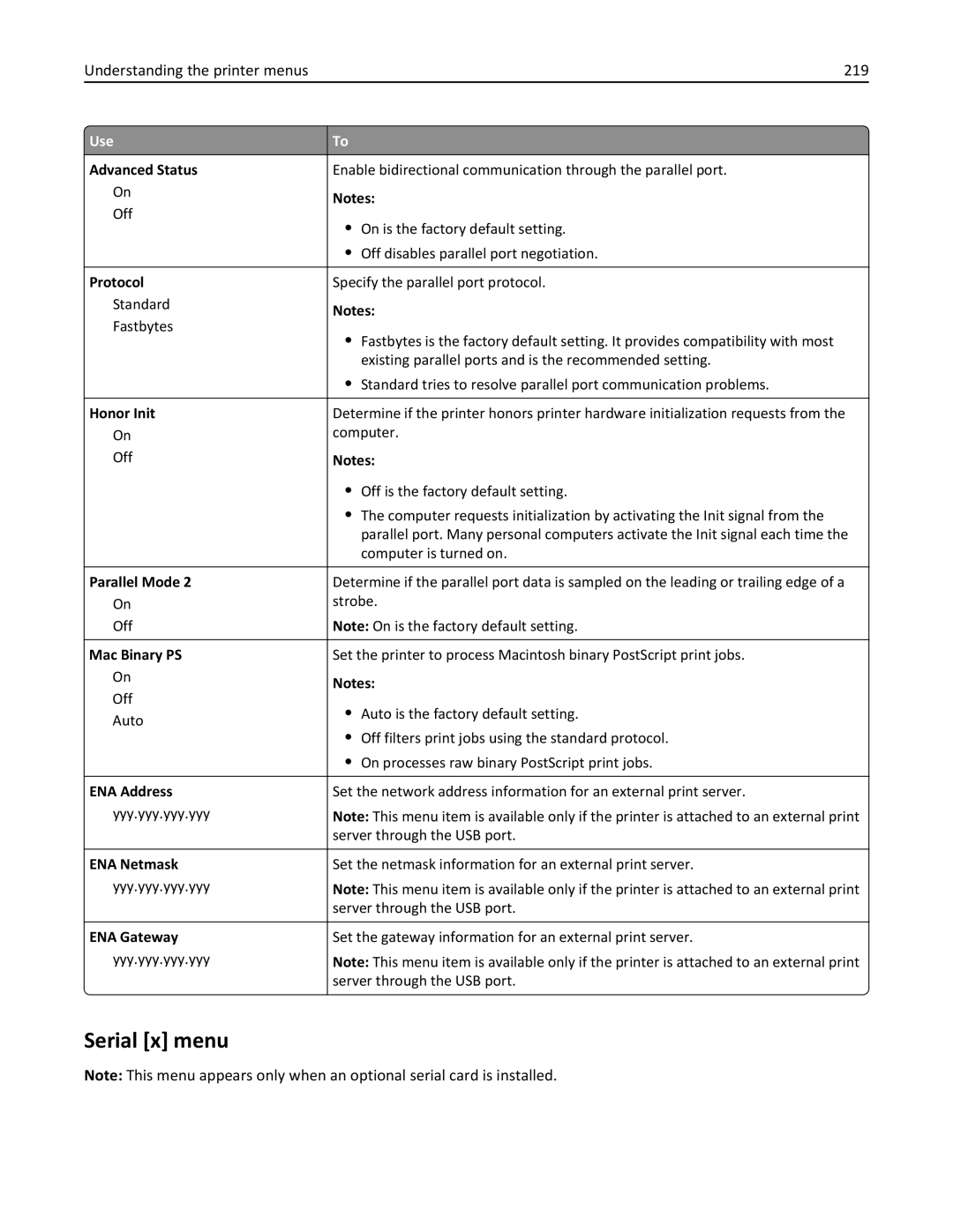 Lexmark MS812DE, 40G0350, 40G0110, 40G0150, 40G0440, 40G0410, 40G0210, MS810 Serial x menu, Understanding the printer menus 219 