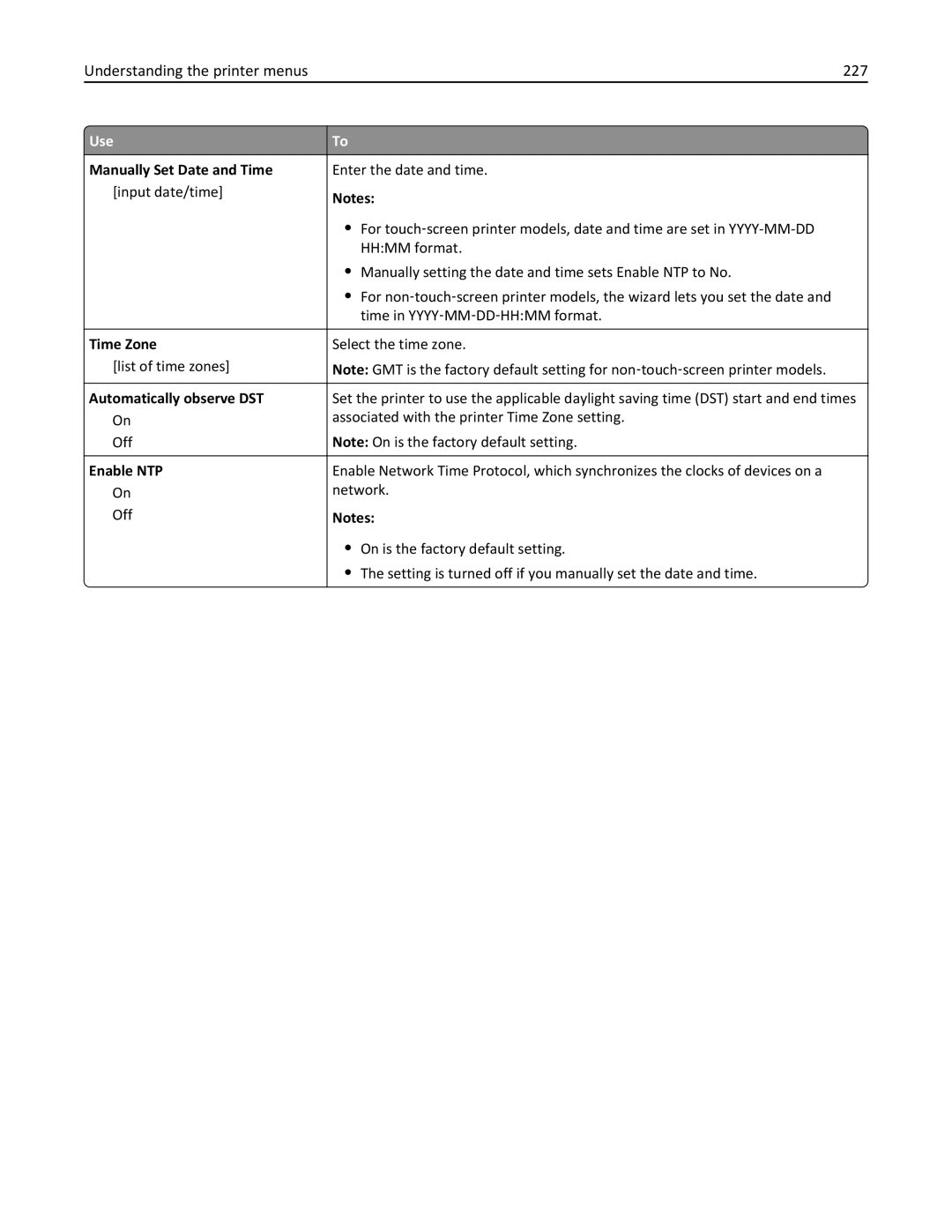 Lexmark MS810DE Understanding the printer menus 227, Manually Set Date and Time, Time Zone, Automatically observe DST 