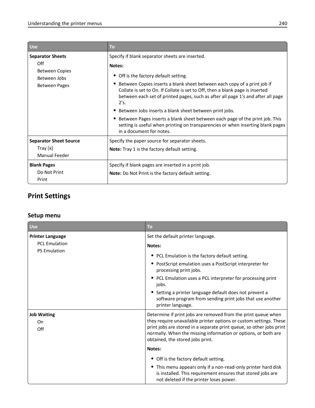 Lexmark MS810DE, 40G0350, 40G0110, 40G0150, 40G0440, 40G0410 Print Settings, Setup menu, Understanding the printer menus 240 