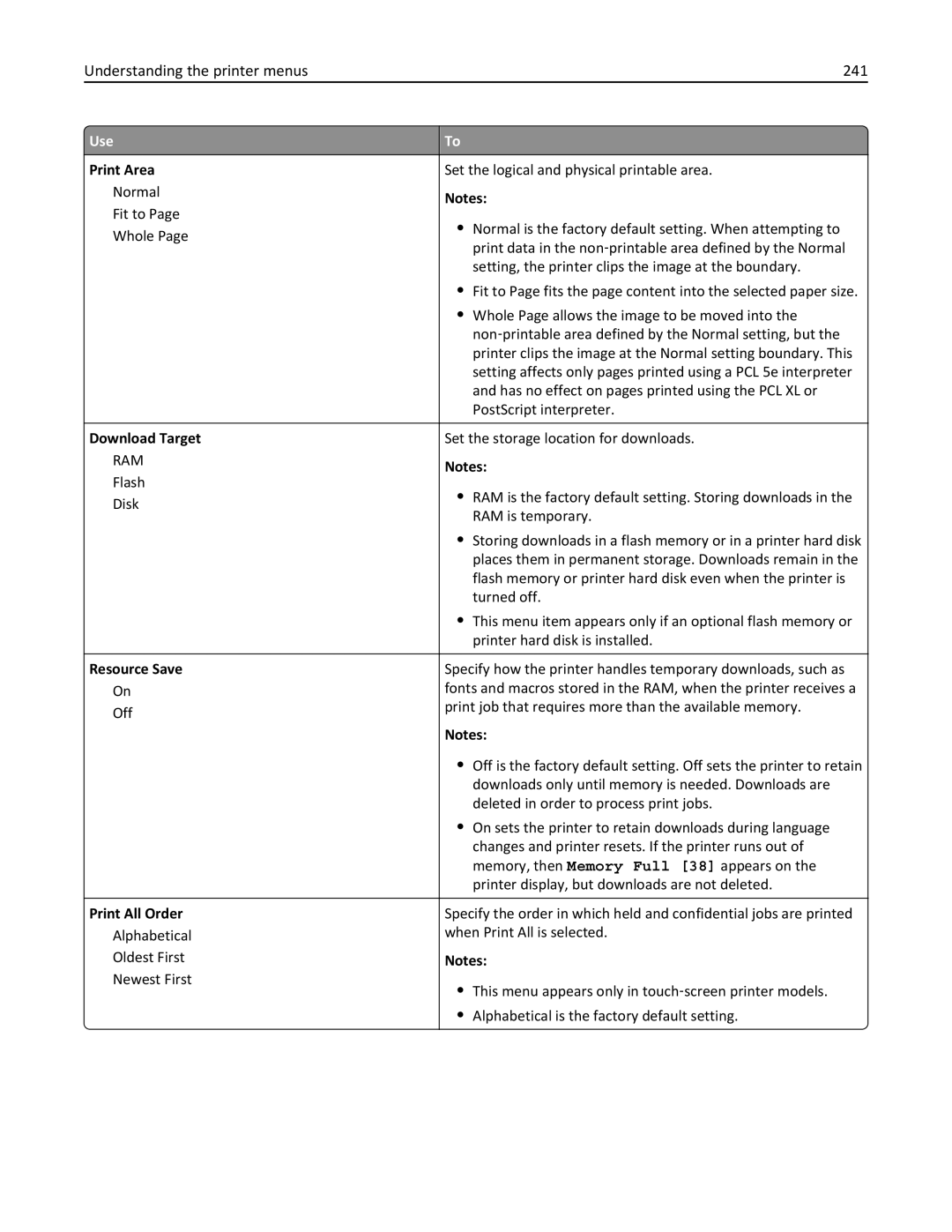 Lexmark MS811DTN, 40G0350 Understanding the printer menus 241, Print Area, Download Target, Resource Save, Print All Order 